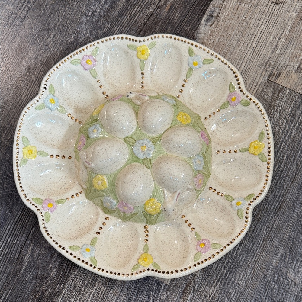 Vintage Easter Floral and Bunny Ceramic Egg Plate